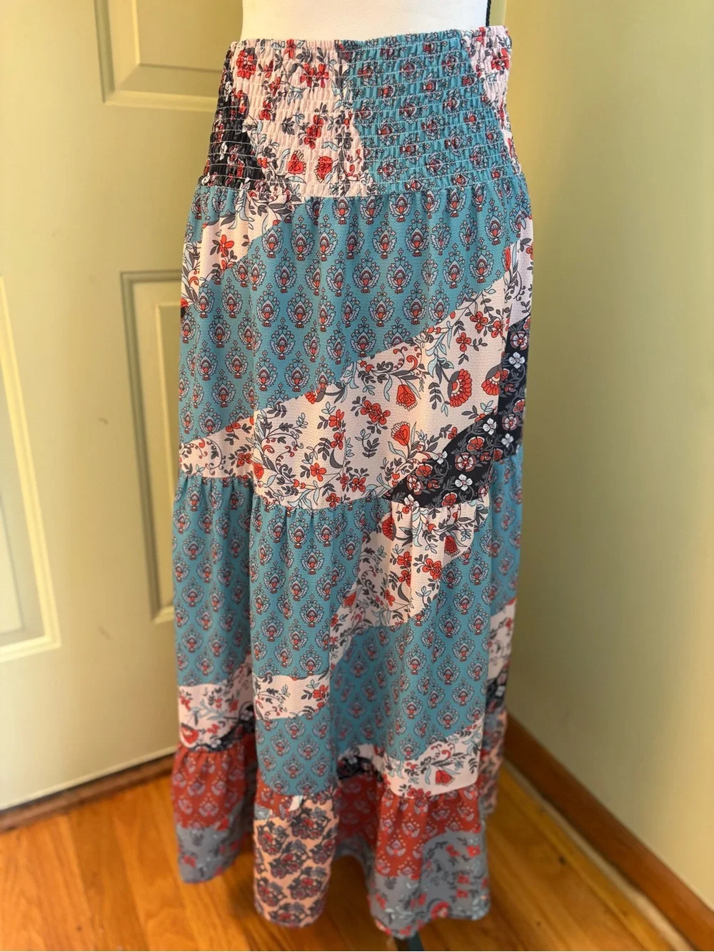BOHO Printed Patchwork Smocked Waist Maxi Skirt size M - Picture 3 of 11